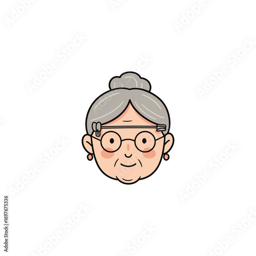 Elderly female cartoon avatar with glasses and gray hair bun – stock vector flat illustration