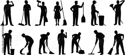 Silhouettes of cleaning workers, janitors, sweeping, mopping, cleaning tools, brooms, dustpans, bucket, housekeeping, maintenance, sanitation, labor, work, professional cleaners.