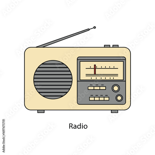 Vintage beige radio illustration with antenna and display dials – stock vector flat illustration