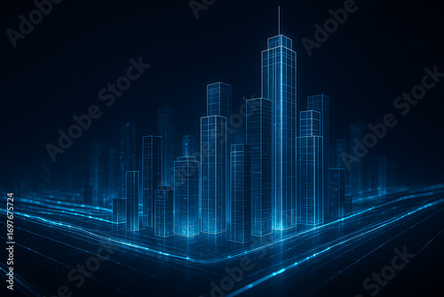 Futuristic wireframe city skyline glowing in digital blue light