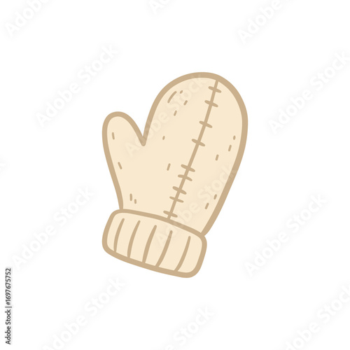 Cozy beige woolen mitten with stitching and cuff – stock vector flat illustration
