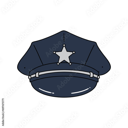 Navy blue police officer cap with silver star emblem – stock vector flat illustration