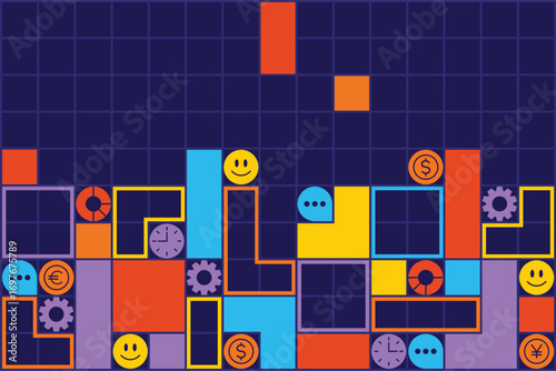Colorful puzzle illustration template with symbols of business, finance, monetary currency. Modern template for banner, flyer, card, invitations, brochure and poster.