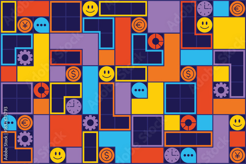 Colorful puzzle illustration template with symbols of business, finance, monetary currency. Modern template for banner, flyer, card, invitations, brochure and poster.