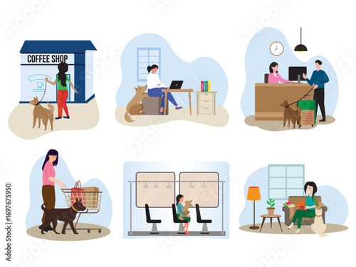 dog friendly people pet owner companion animals public cafe store grocery shop office workplace transport illustration background