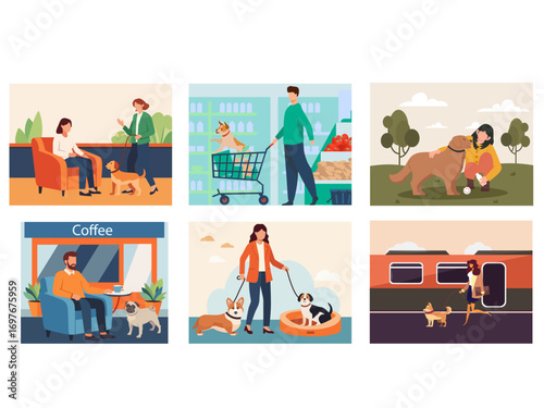 dog friendly people pet owner companion animals public cafe store grocery shop office workplace transport illustration background