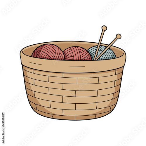Basket of yarn and knitting needles: cozy craft supplies for creative projects – stock vector flat illustration