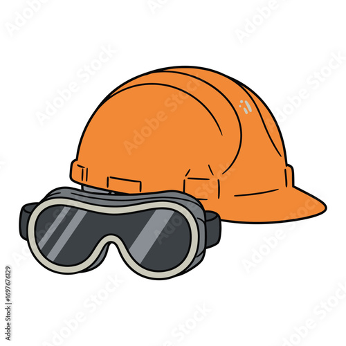 Orange safety helmet and protective goggles for construction and workplace safety – stock vector flat illustration