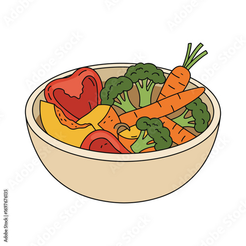 Vibrant bowl of fresh vegetables - carrots, peppers, broccoli, squash – stock vector flat illustration