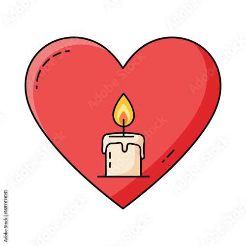 Heart-shaped candle illustration with dripping wax and flame – stock vector flat illustration