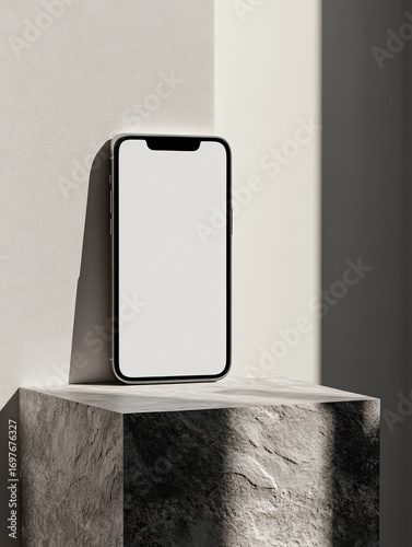Wallpaper Mural Modern mobile phone mockup on textured stone platform for app design presentations and branding templates Torontodigital.ca