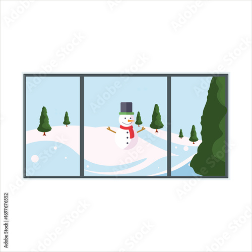Window with Snowman in Outdoor Landscape Vector Flat Illustration
