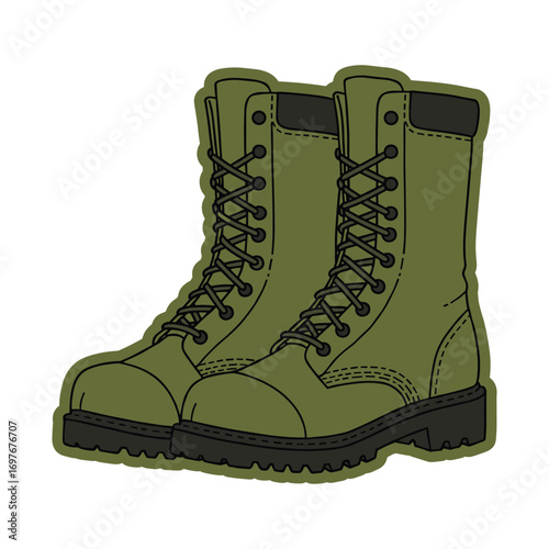 Classic olive green military combat boots side view with black laces and soles – stock vector flat illustration