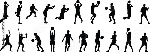 Basketball player silhouettes in dynamic action, dribbling, shooting, jumping, defending, isolated vector sports icons for athletic design, motion concept.