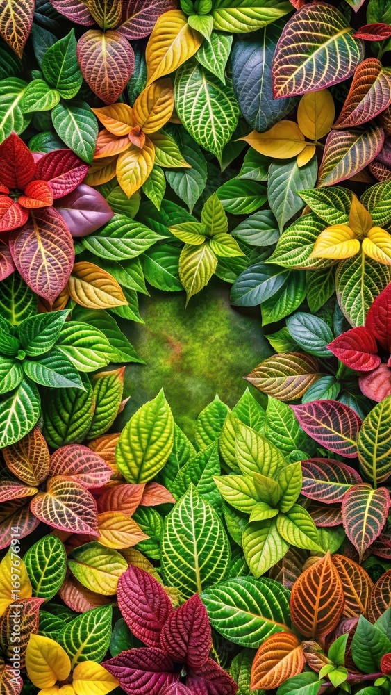 Naklejka premium Colorful spring foliage with fresh green leaves arranged in a vibrant and intricate pattern