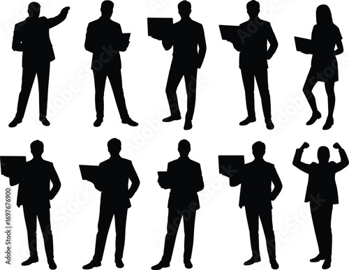 Silhouettes of business professionals with laptops, teamwork, corporate success, technology use, office collaboration, confident poses, digital workplace concept.