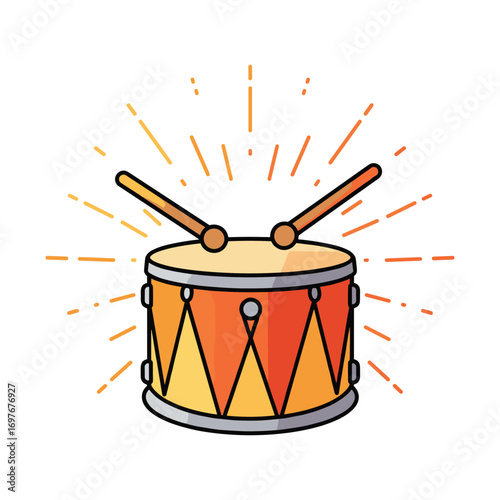 Colorful cartoon drum with drumsticks and radiating lines – stock vector flat illustration