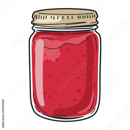 Illustration of a red jam jar with beige lid and textured details – stock vector flat illustration