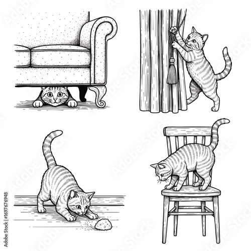 Set of four handdrawn ink illustrations of a playful tabby cats mischievous behavior at home.