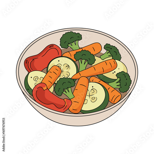 Colorful vegetable medley with carrots, broccoli, zucchini, and peppers in bowl – stock vector flat illustration