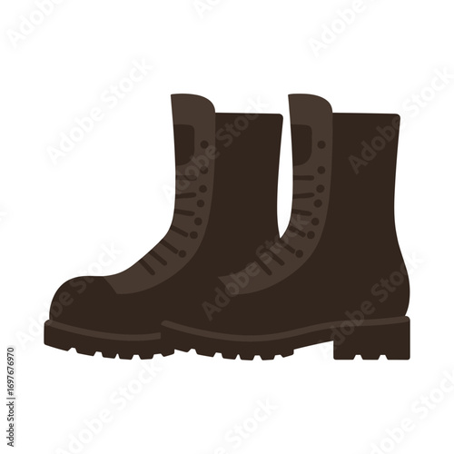 Stylish dark brown combat boots with laces – stock vector flat illustration