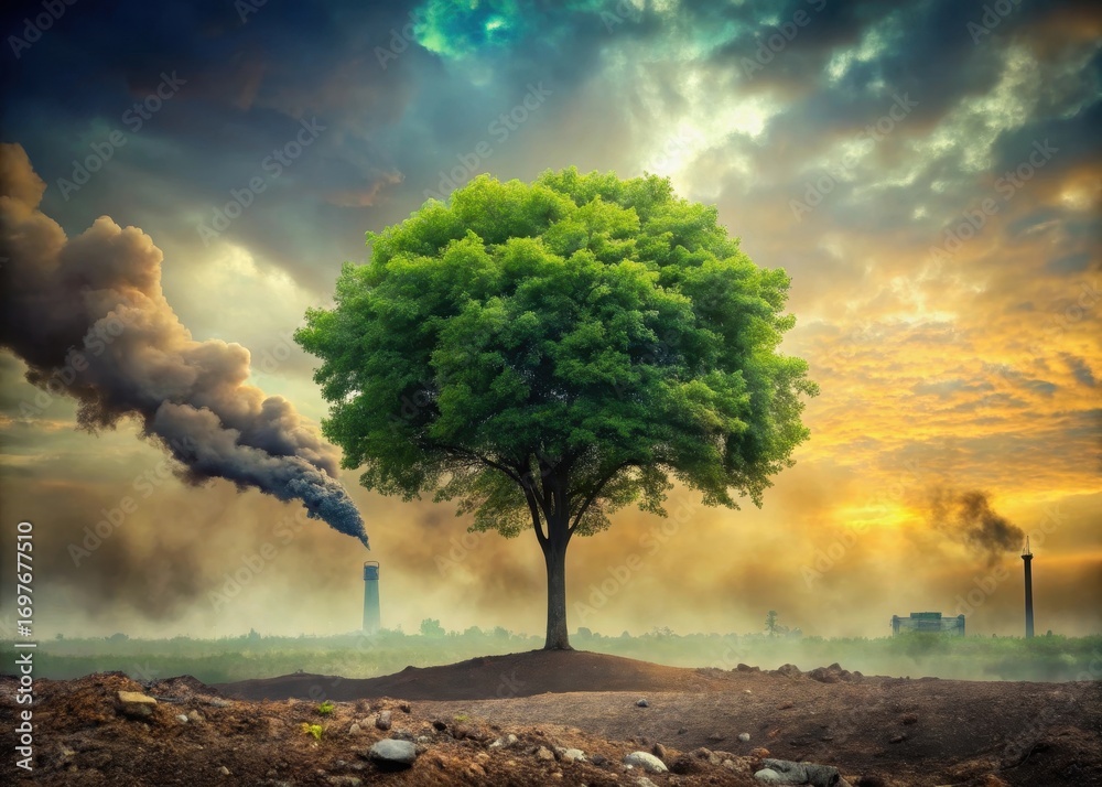 Fototapeta premium A lone tree stands against a polluted sky with toxic waste scattered around it