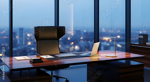 Empty executive office overlooks the city skyline at dusk, showcasing a sleek desk, modern chair, and ambient lighting in a corporate setting, creating a sense of ambition and success.
