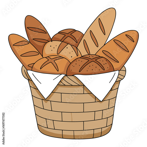 Basket of freshly baked bread loaves in a wicker basket with cloth napkin – stock vector flat illustration