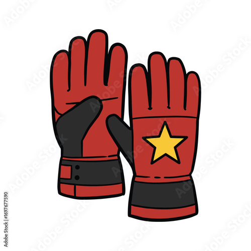Red gloves with black stripes and yellow star – stock vector flat illustration
