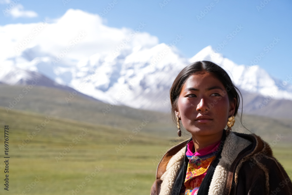 Naklejka premium Woman wearing a brown coat stands in a field