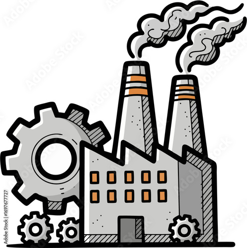 Industrial Factory with Tools and Gears Doodle Illustration