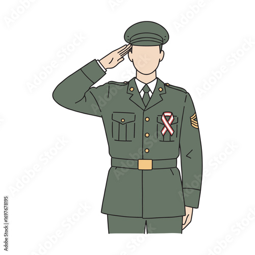 Caucasian male soldier saluting in uniform with awareness ribbon – stock vector flat illustration
