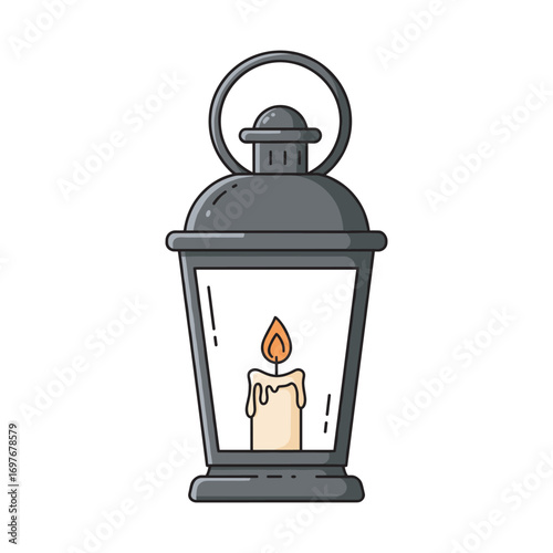Rustic metal lantern with lit candle – stock vector flat illustration