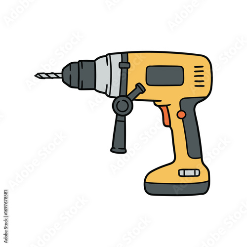 Cartoon yellow electric drill with handle and drill bit – stock vector flat illustration