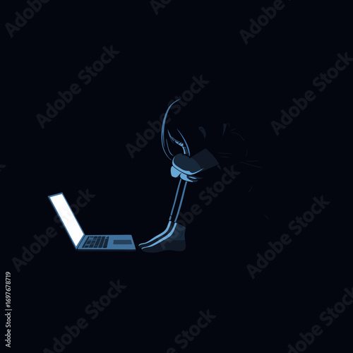A lonely man in the dark, illuminated by a laptop screen. A metaphor for digital addiction, depression, and cyberbullying. Real life has been replaced by a code that causes fear, pain, and isolation.