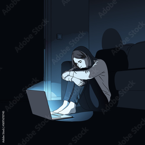 A lonely man in the dark, illuminated by a laptop screen. A metaphor for digital addiction, depression, and cyberbullying. Real life has been replaced by a code that causes fear, pain, and isolation.