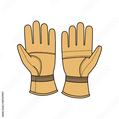 Pair of brown leather gloves with stitching and adjustable strap – stock vector flat illustration
