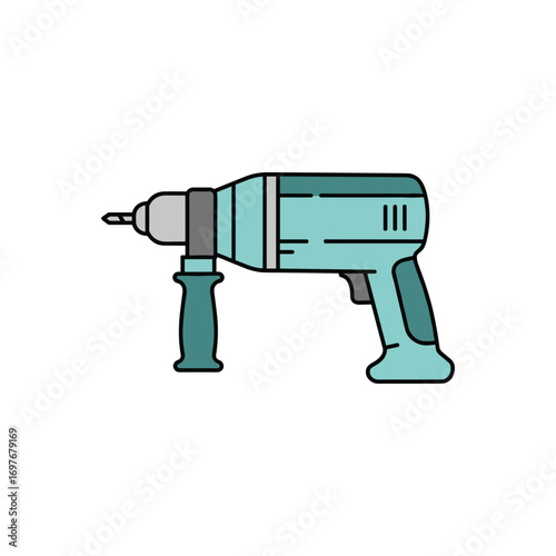 Teal cordless drill illustration with handle and bit – stock vector flat illustration