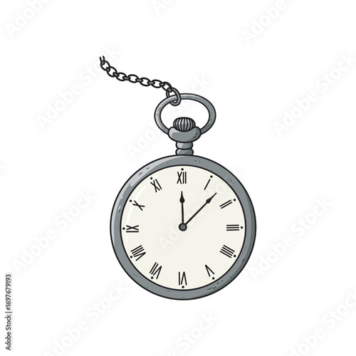 Vintage silver pocket watch with roman numerals and chain – stock vector flat illustration