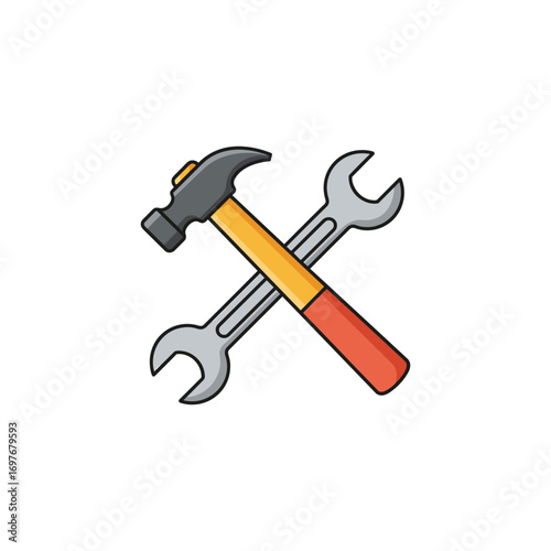 Crossed hammer and wrench icon representing tools and repair – stock vector flat illustration