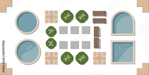 Top view landscape design elements, park benches, trees, water pools, pavement tiles, urban planning, vector illustration set