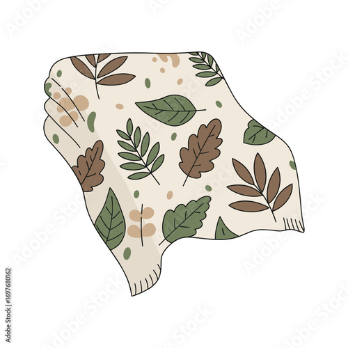 Cozy knitted blanket with autumn leaf pattern in neutral tones – stock vector flat illustration