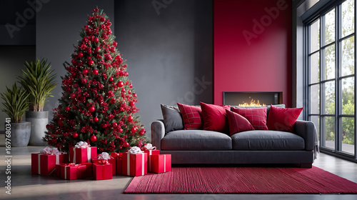 A living room with a christmas tree and presents in front of a fireplace