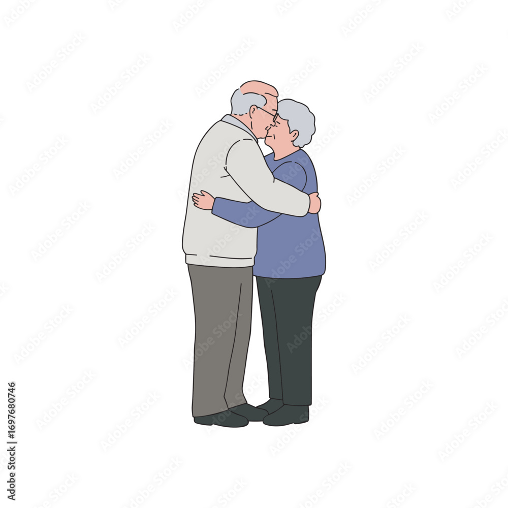 Fototapeta premium Elderly caucasian couple embracing in loving hug – stock vector flat illustration