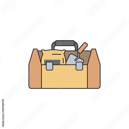 Wooden toolbox with construction tools including cement bag and masonry trowel – stock vector flat illustration