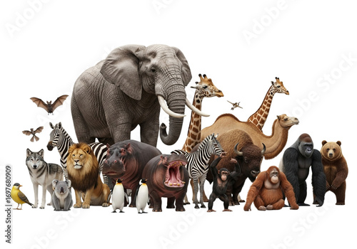 Collection of diverse wild animals including elephants, lions, zebras, and primates on a transparent background