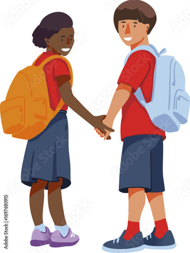 Schoolchildren are going to school. Vector illustration. Color illustration.
