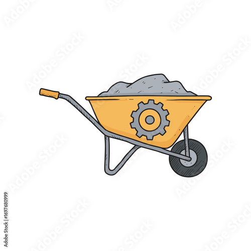 Illustration of a yellow wheelbarrow with grey rocks and gear design – stock vector flat illustration