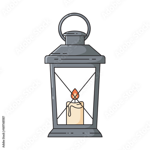 Vintage metal lantern with burning candle – stock vector flat illustration
