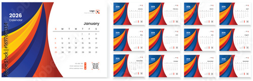 2026 monthly desk calendar template. Modern new year 2026 desk calendar template. Calendar template for 2026 with week start on Sunday.